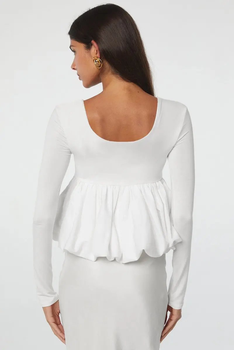 Pants Love Salve White U-Neck Top Women's Daily Wear Blouse Elegant, Bubble Hem