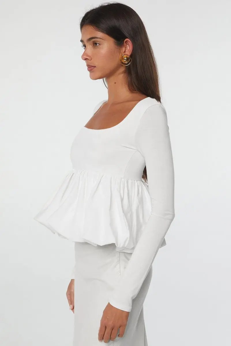 Pants Love Salve White U-Neck Top Women's Daily Wear Blouse Elegant, Bubble Hem