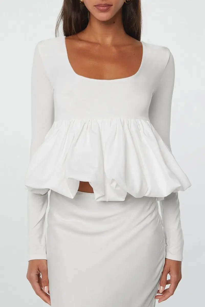 Pants Love Salve White U-Neck Top Women's Daily Wear Blouse Elegant, Bubble Hem