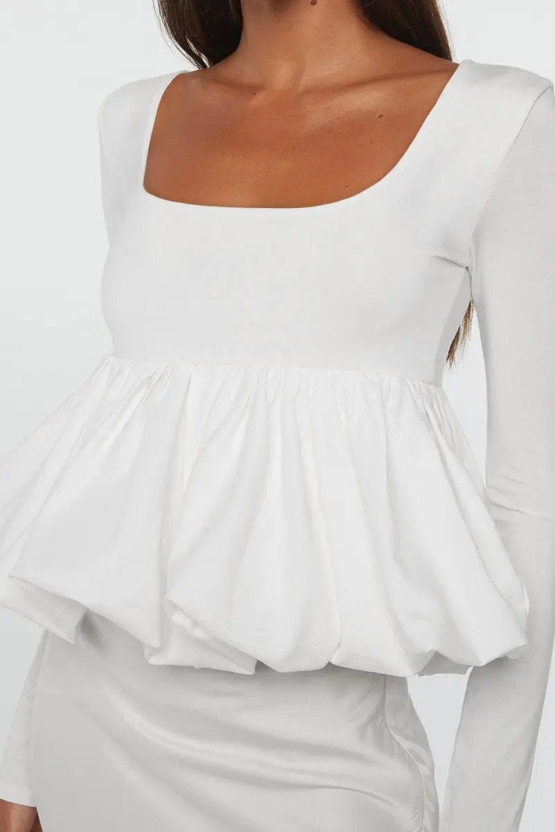 Pants Love Salve White U-Neck Top Women's Daily Wear Blouse Elegant, Bubble Hem