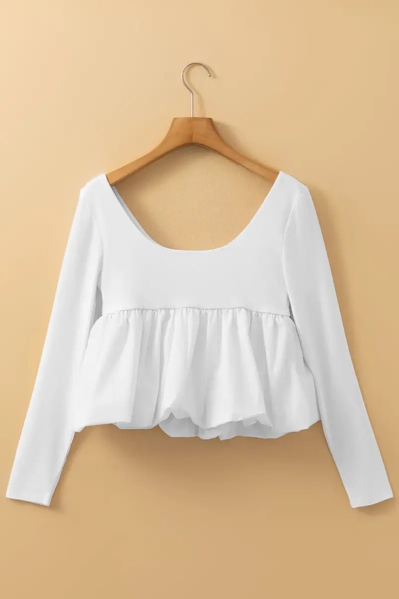 Pants Love Salve White U-Neck Top Women's Daily Wear Blouse Elegant, Bubble Hem