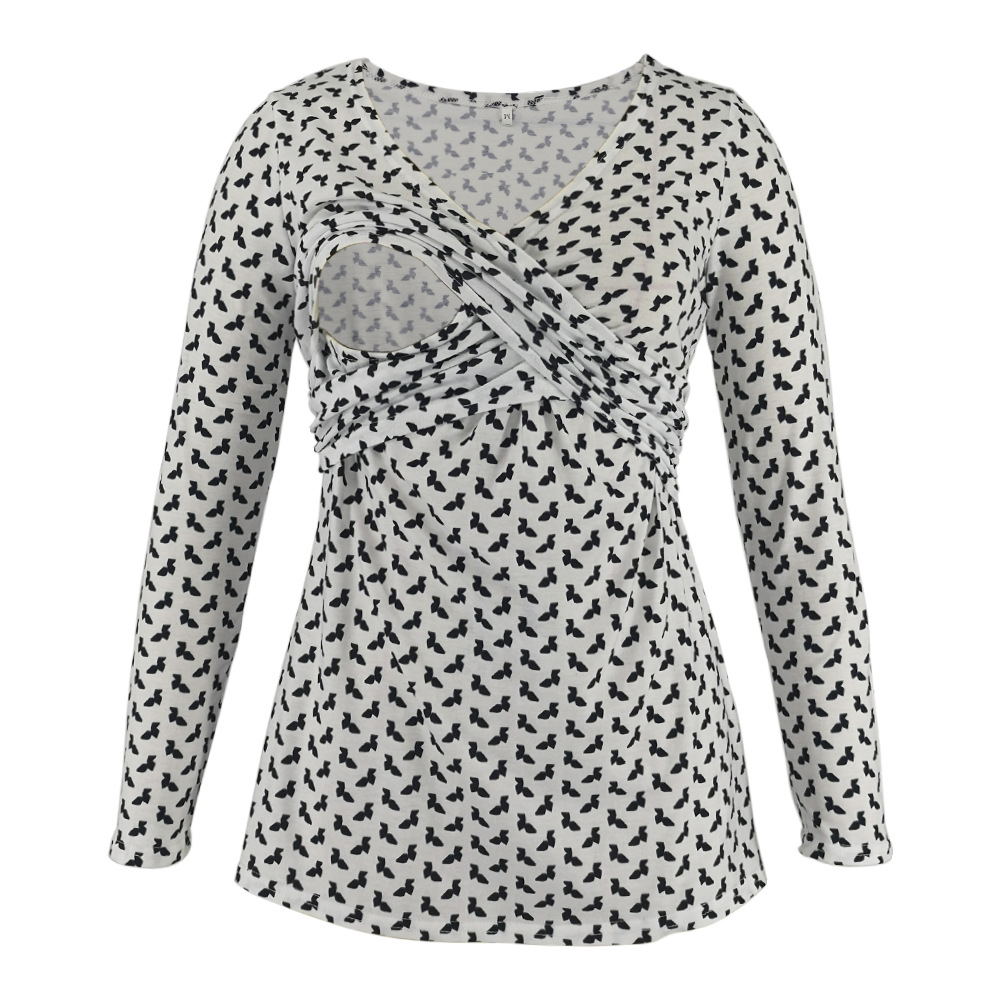 Women Deep V-Neck Long Sleeve Printed Maternity & Nursing T-Shirt - # PRGTA11310027 & NURSGA11110113