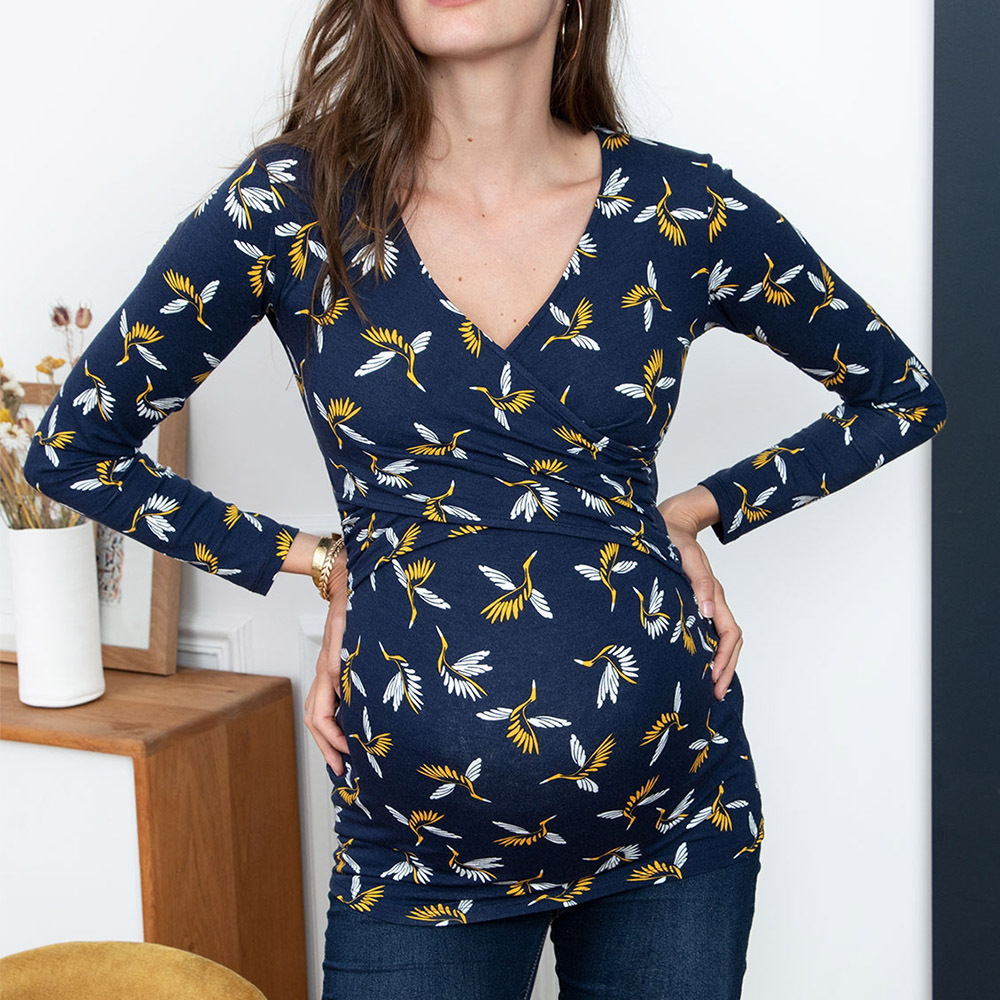 Women Deep V-Neck Long Sleeve Printed Maternity & Nursing T-Shirt - # PRGTA11310027 & NURSGA11110113