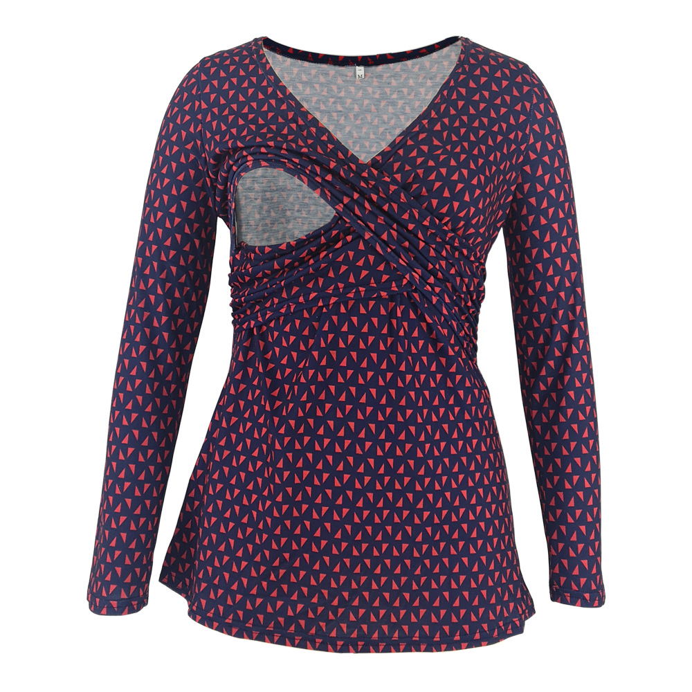 Women Deep V-Neck Long Sleeve Printed Maternity & Nursing T-Shirt - # PRGTA11310027 & NURSGA11110113