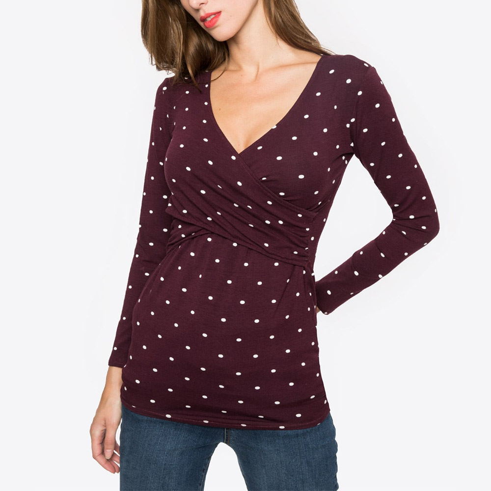 Women Deep V-Neck Long Sleeve Printed Maternity & Nursing T-Shirt - # PRGTA11310027 & NURSGA11110113