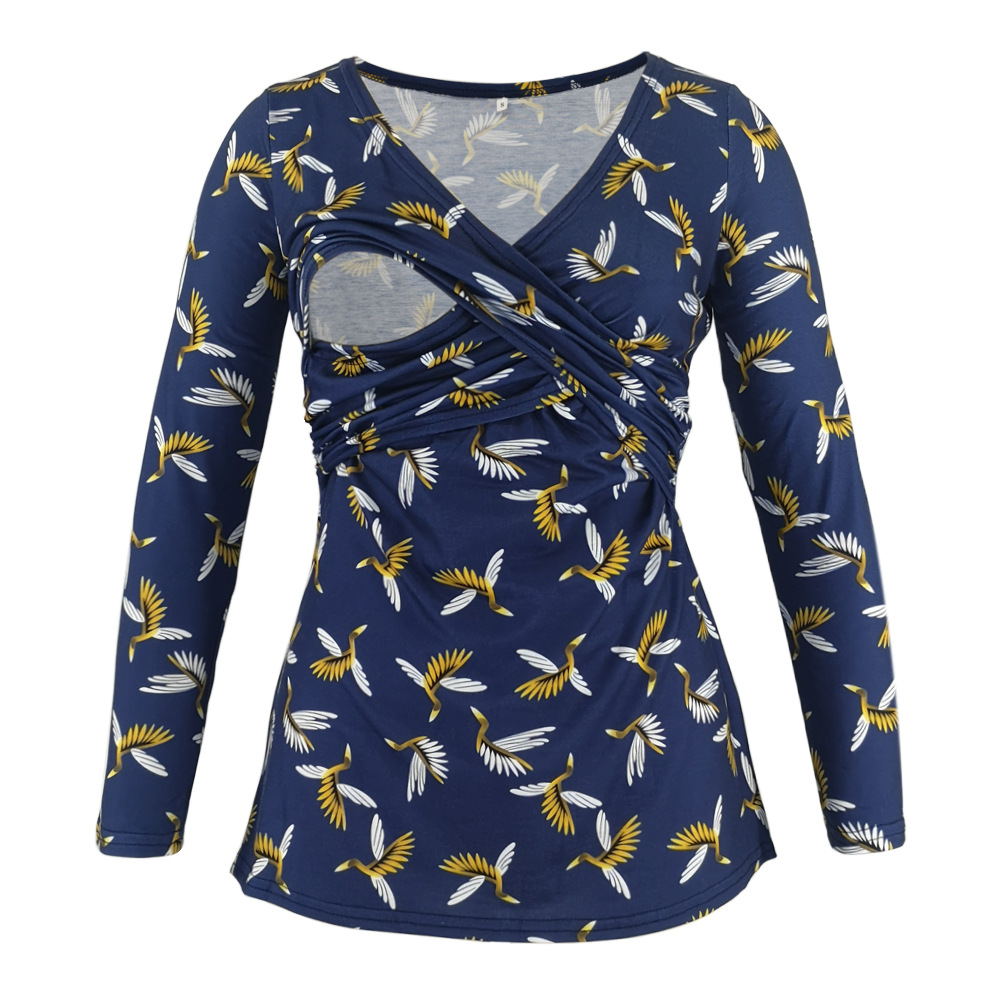Women Deep V-Neck Long Sleeve Printed Maternity & Nursing T-Shirt - # PRGTA11310027 & NURSGA11110113