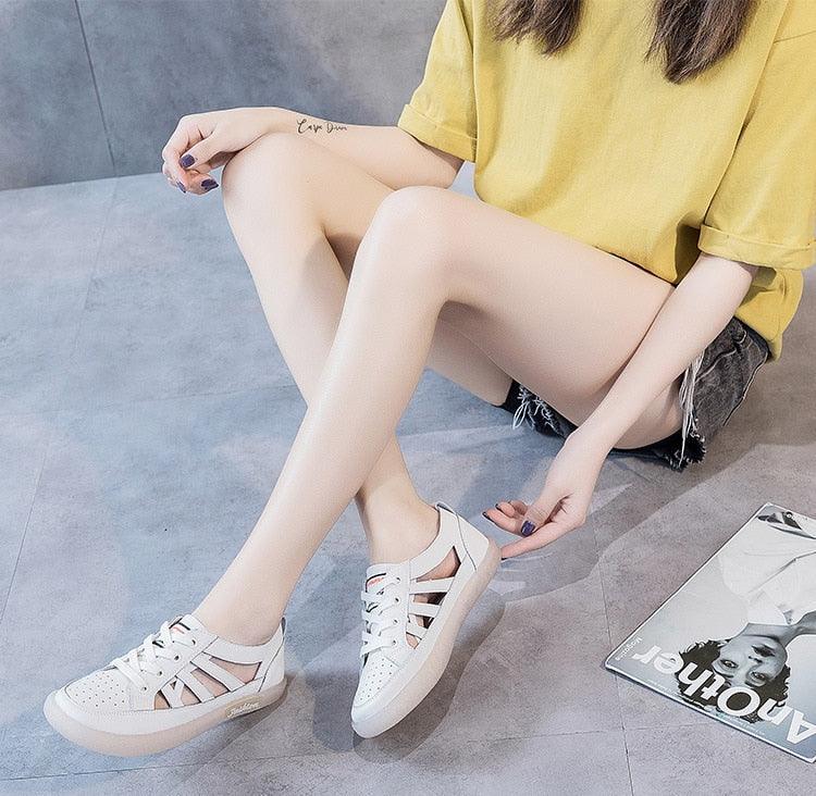 Women Genuine Leather Sneakers Summer White Lacing Flat Woman Casual mfortable Casual Everyday Walking Fashion Outdoor Sneakers