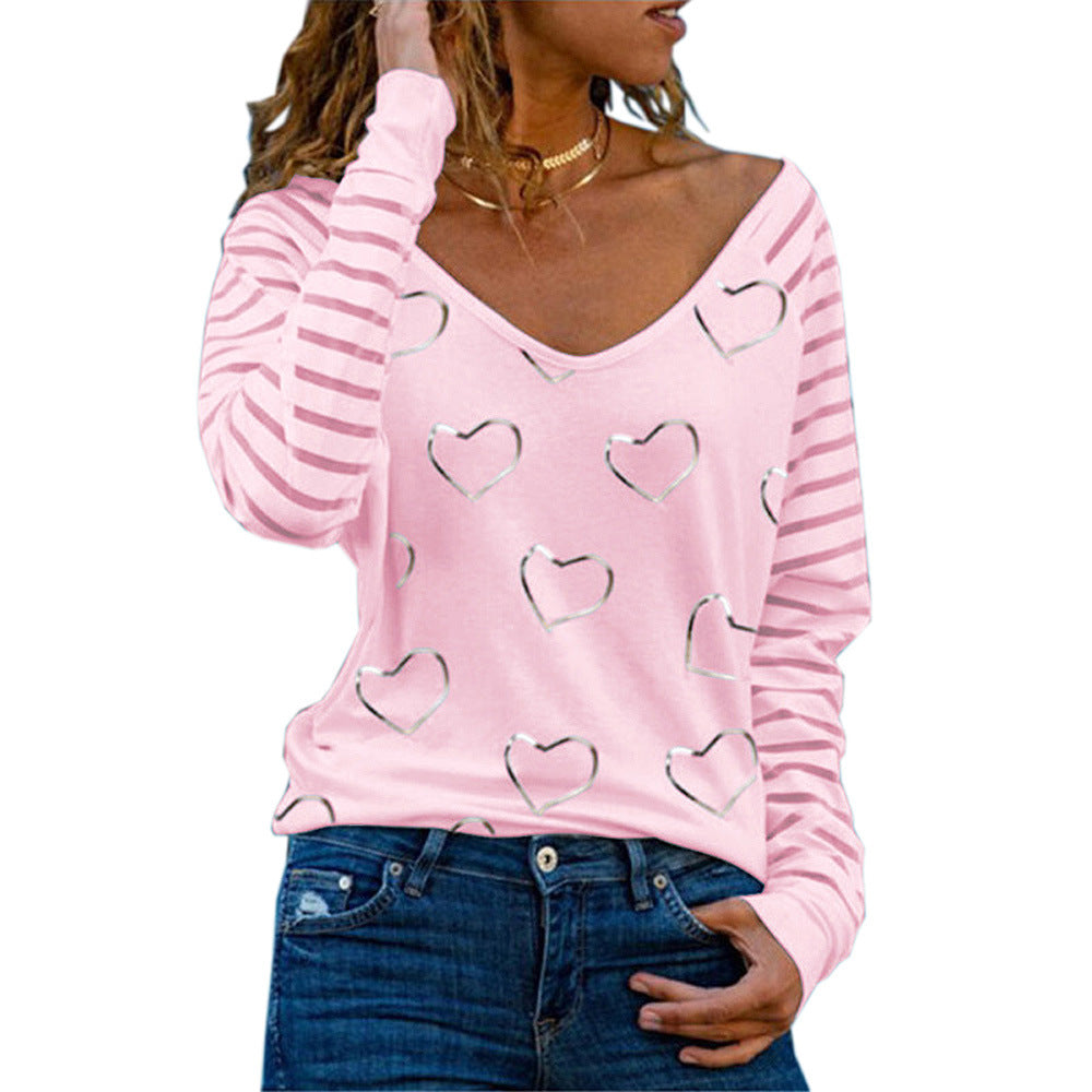 Women Printed V-Neck Long Sleeve All-Match T-Shirt - # GIAA23510054