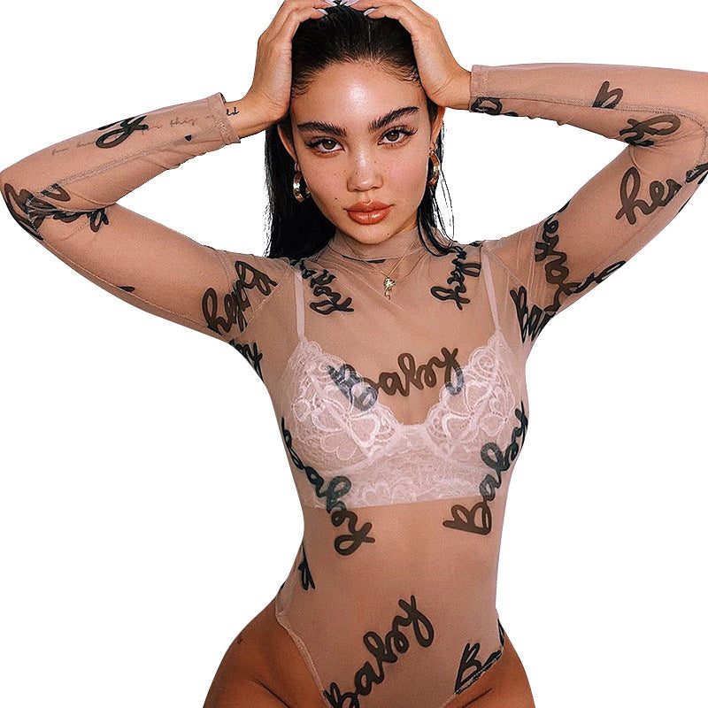 Women Sheer Mesh Long Sleeve T-Shirt Bodysuit | With Letters - # GIAA23510049