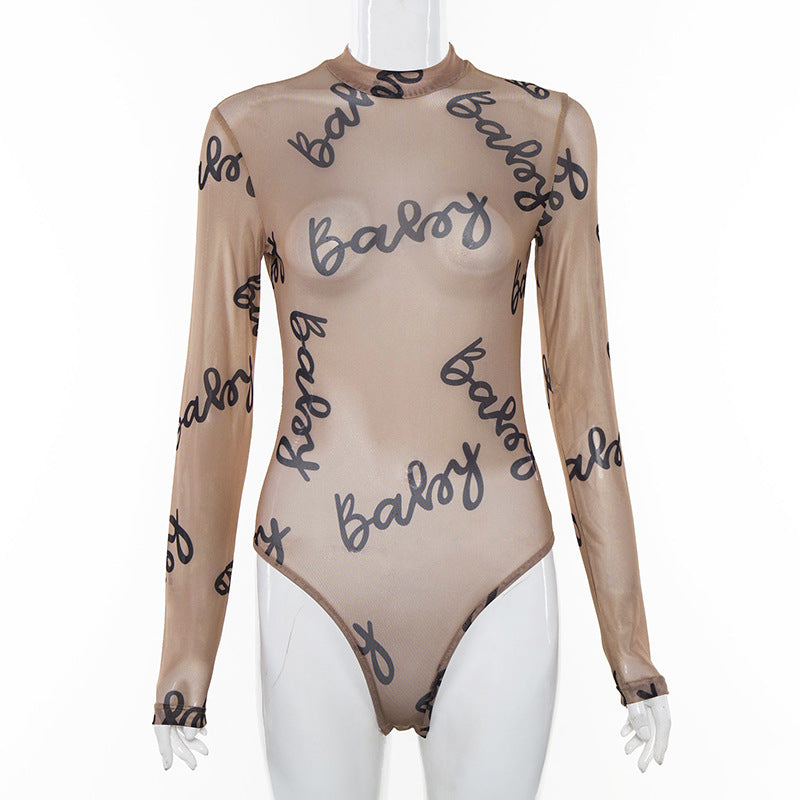 Women Sheer Mesh Long Sleeve T-Shirt Bodysuit | With Letters - # GIAA23510049