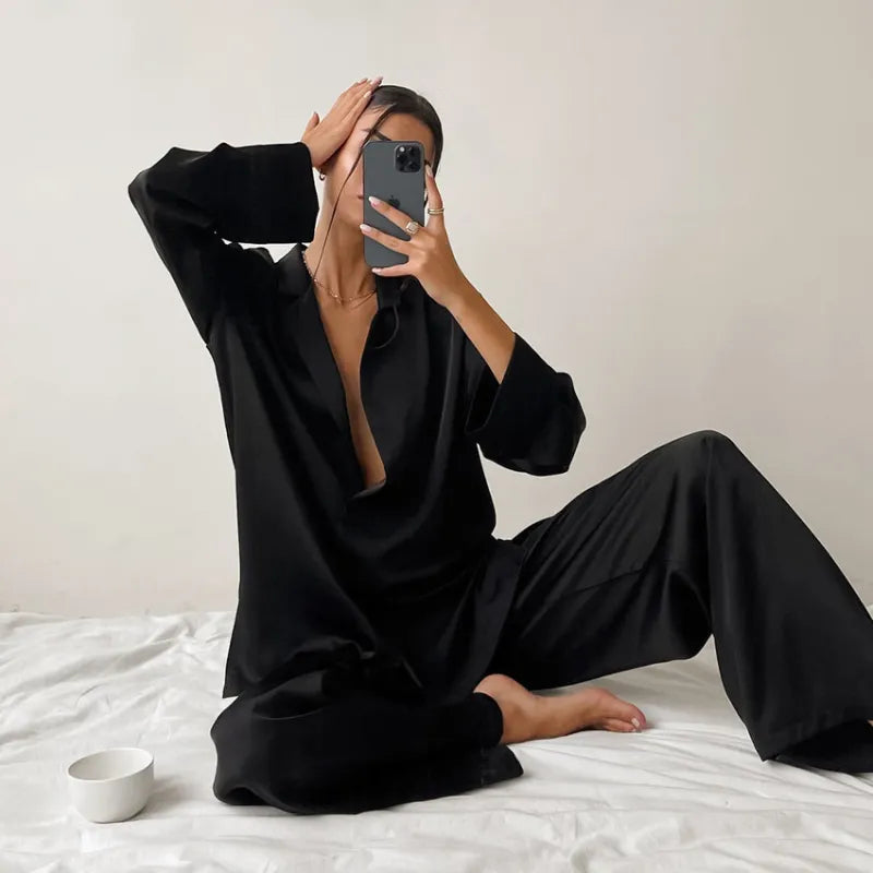 Women's Home Silk Pure Color Pajamas - # WOAA21710002-PRG