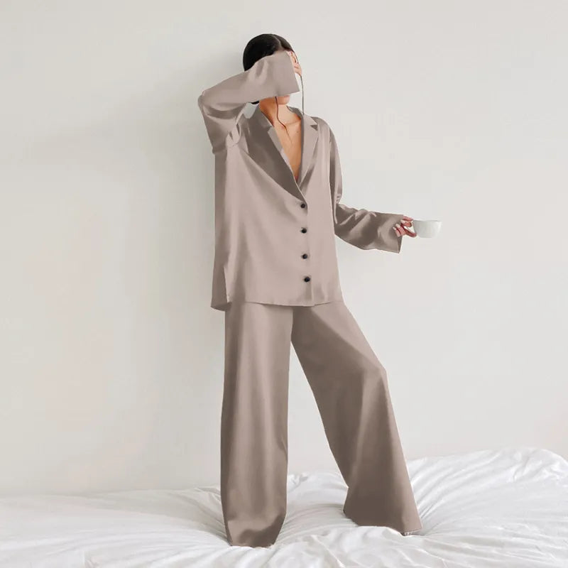 Women's Home Silk Pure Color Pajamas - # WOAA21710002-PRG