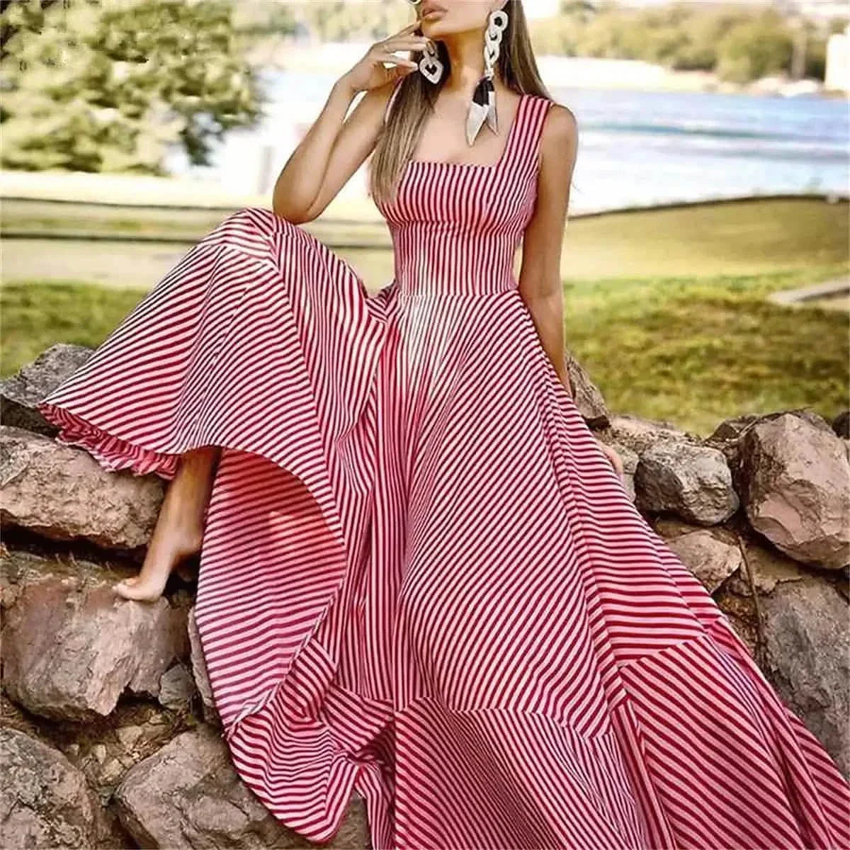 Women's Long A Line Striped Maxi Dress