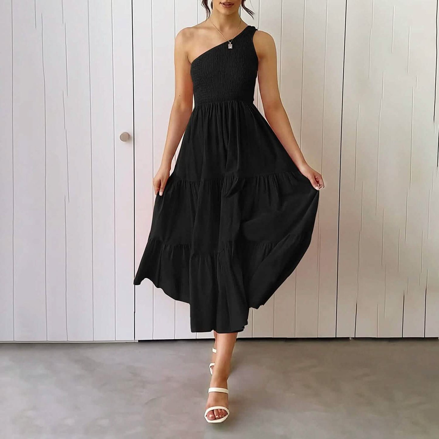 Womens One Shoulder Sleeveless Smocked Ruffle Tiered Beach Long Midi Dress