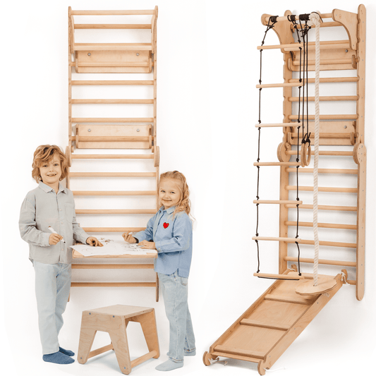 Wooden Swedish Wall / Climbing ladder for Children + Swing Set + Slide Board + Art Add-on