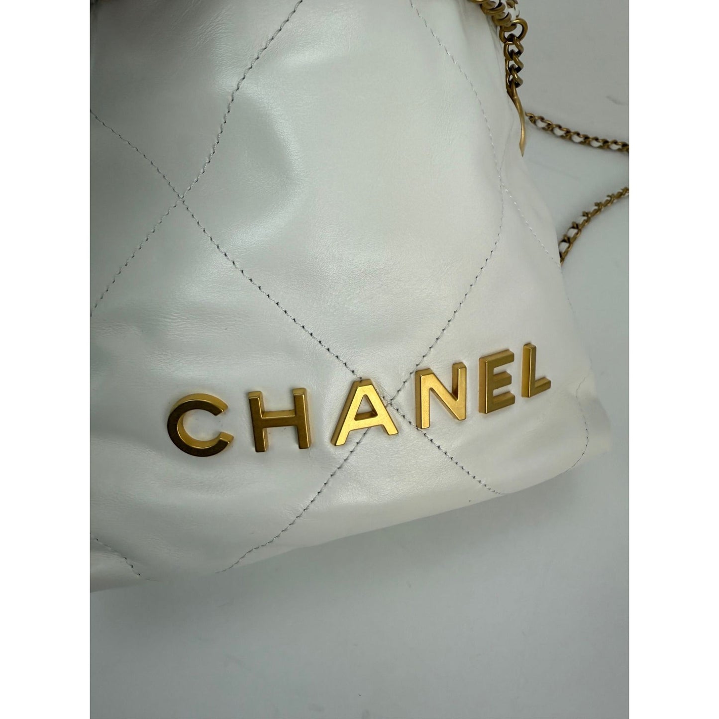 Chanel 22 Mini Shiny Calfskin Quilted White Crossbody Hand Bag
