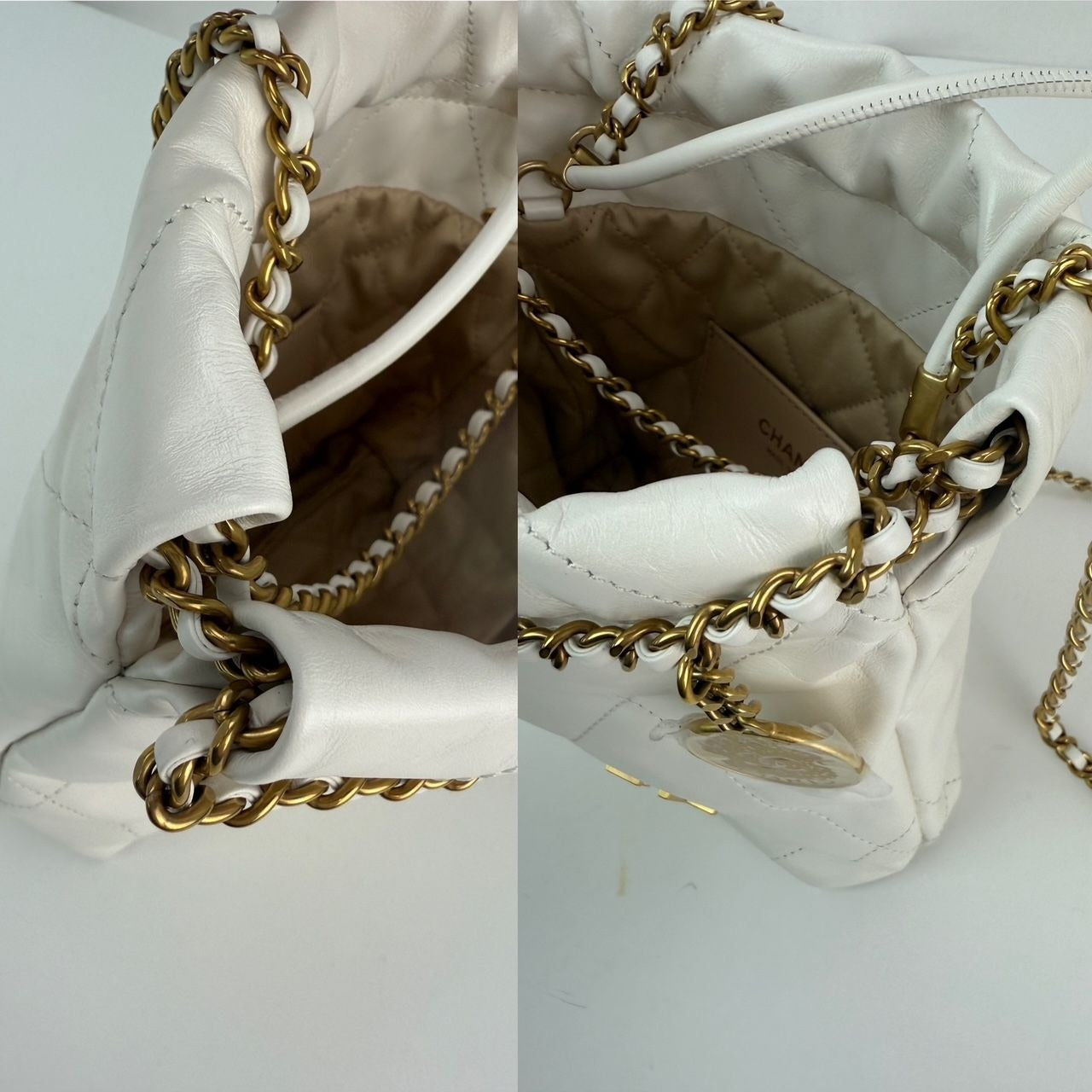 Chanel 22 Mini Shiny Calfskin Quilted White Crossbody Hand Bag