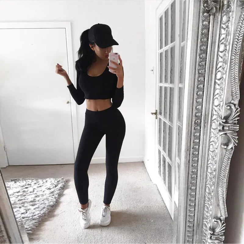 Fall Winter Solid Color Top and Leggings Set