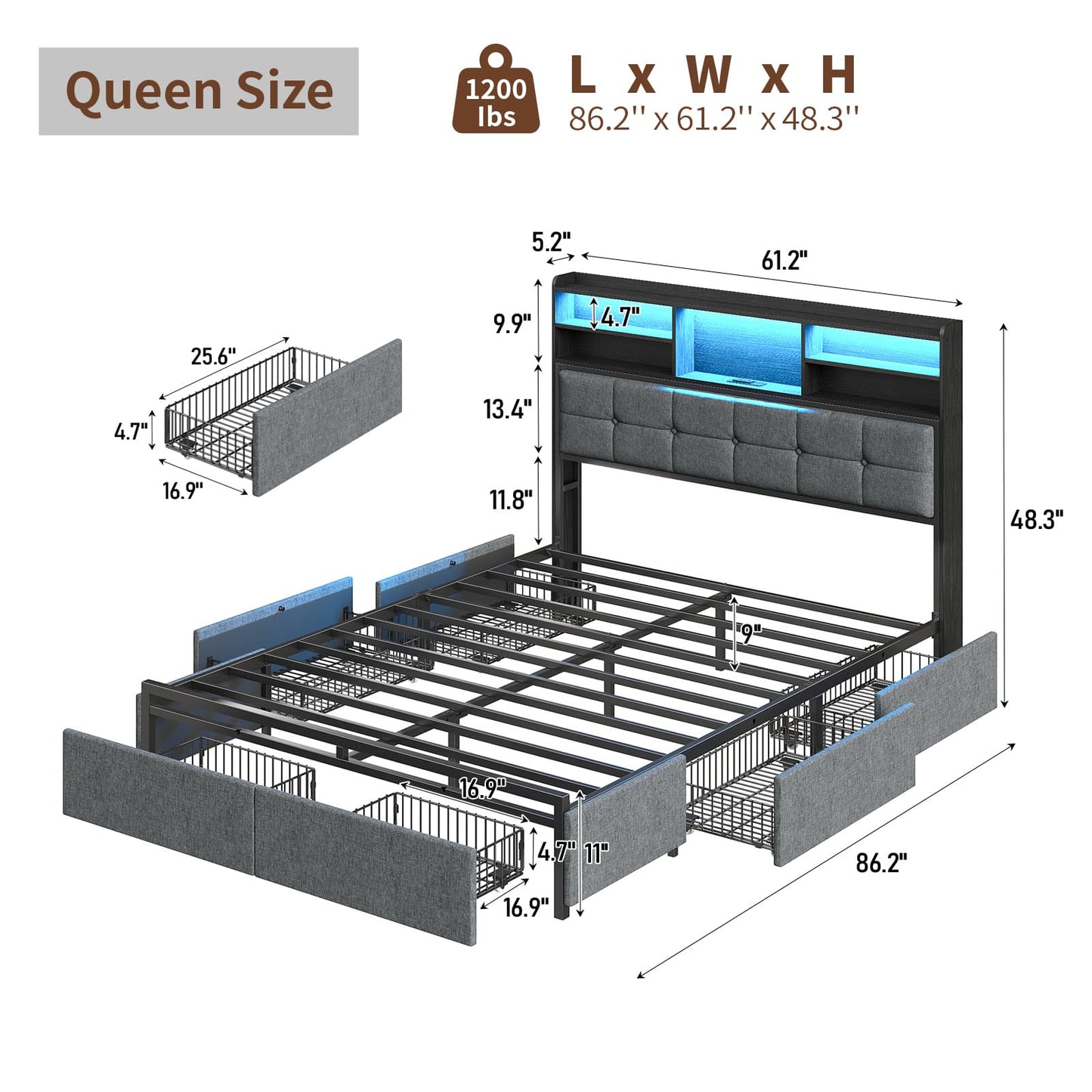 VektayaUS-BF011-BL Full/Queen/King Bed Frame with 6 Drawers, Easy Assembly, USB Charging, LED Headboard, No Box Spring Needed