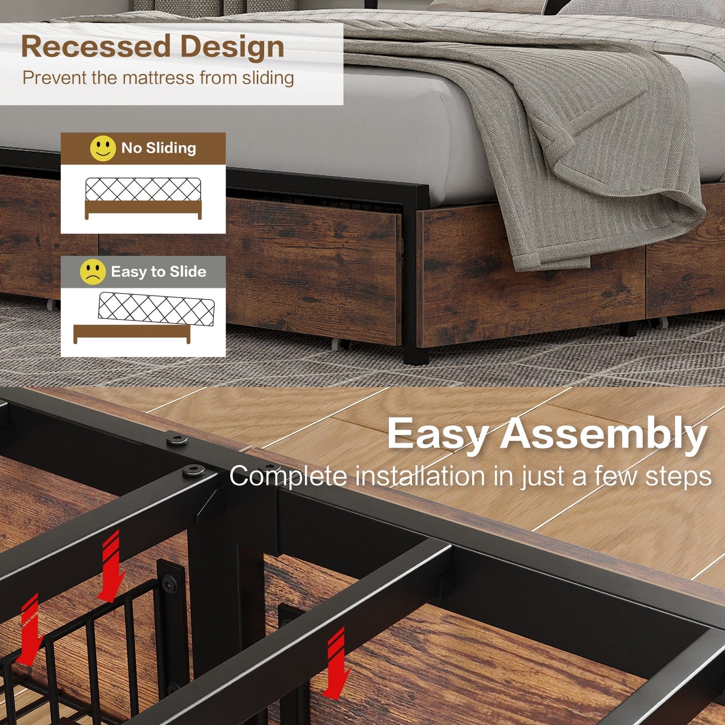 Vektaya US-BF012-BR Full/Queen/King Bed Frame with LED Headboard, Charging Ports, 6 Storage Drawers, Shelf, Easy Assembly, No Box Spring Needed