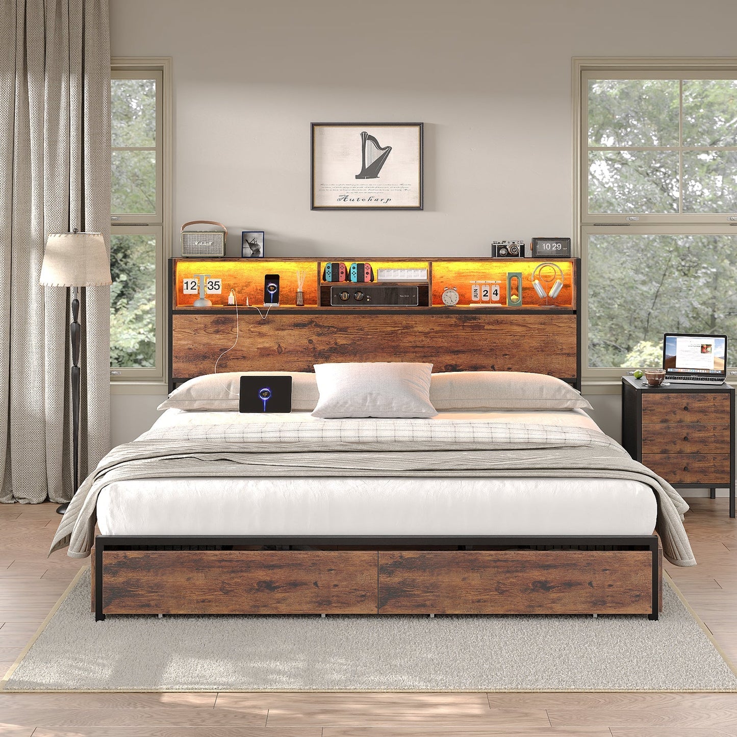 Vektaya US-BF012-BR Full/Queen/King Bed Frame with LED Headboard, Charging Ports, 6 Storage Drawers, Shelf, Easy Assembly, No Box Spring Needed