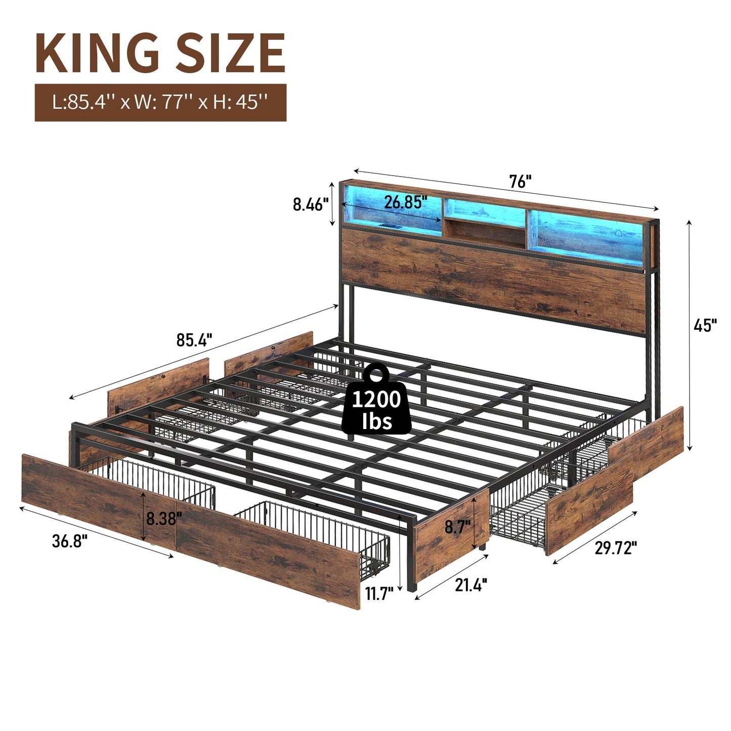 Vektaya US-BF012-BR Full/Queen/King Bed Frame with LED Headboard, Charging Ports, 6 Storage Drawers, Shelf, Easy Assembly, No Box Spring Needed