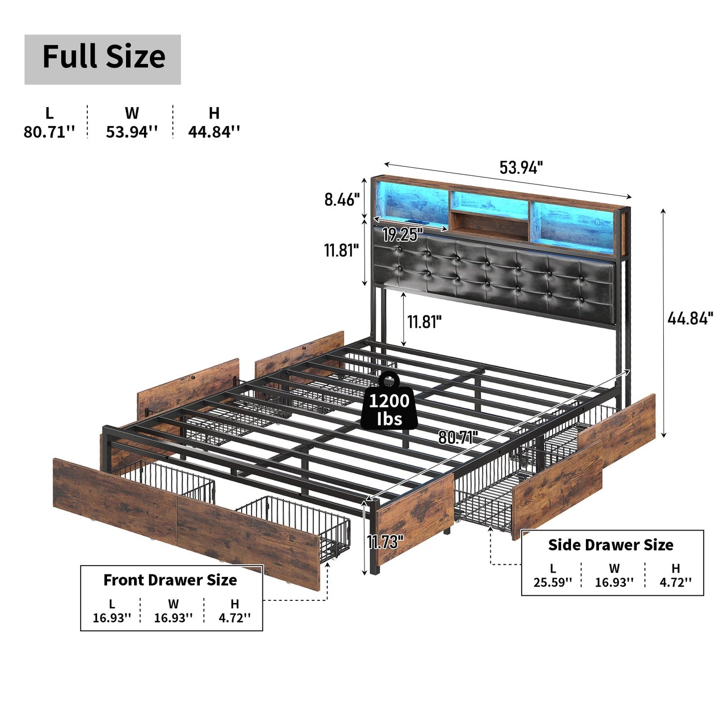 Vektaya US-BF013-BR Full/Queen/King Bed Frame with RGB LED Headboard, Charging, 6 Drawers, Upholstered, Heavy-Duty, Easy Assembly, No Box Spring