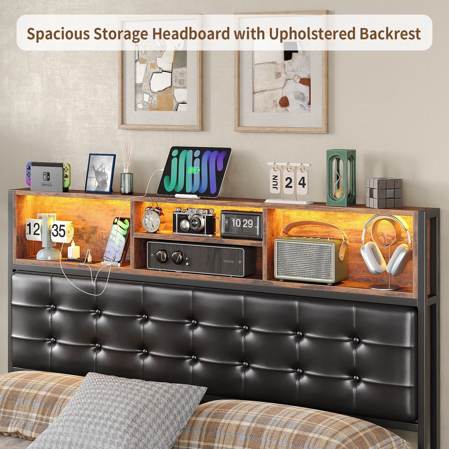 Vektaya US-BF013-BR Full/Queen/King Bed Frame with RGB LED Headboard, Charging, 6 Drawers, Upholstered, Heavy-Duty, Easy Assembly, No Box Spring