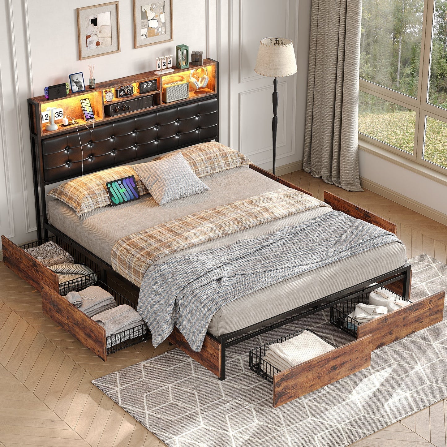 Vektaya US-BF013-BR Full/Queen/King Bed Frame with RGB LED Headboard, Charging, 6 Drawers, Upholstered, Heavy-Duty, Easy Assembly, No Box Spring