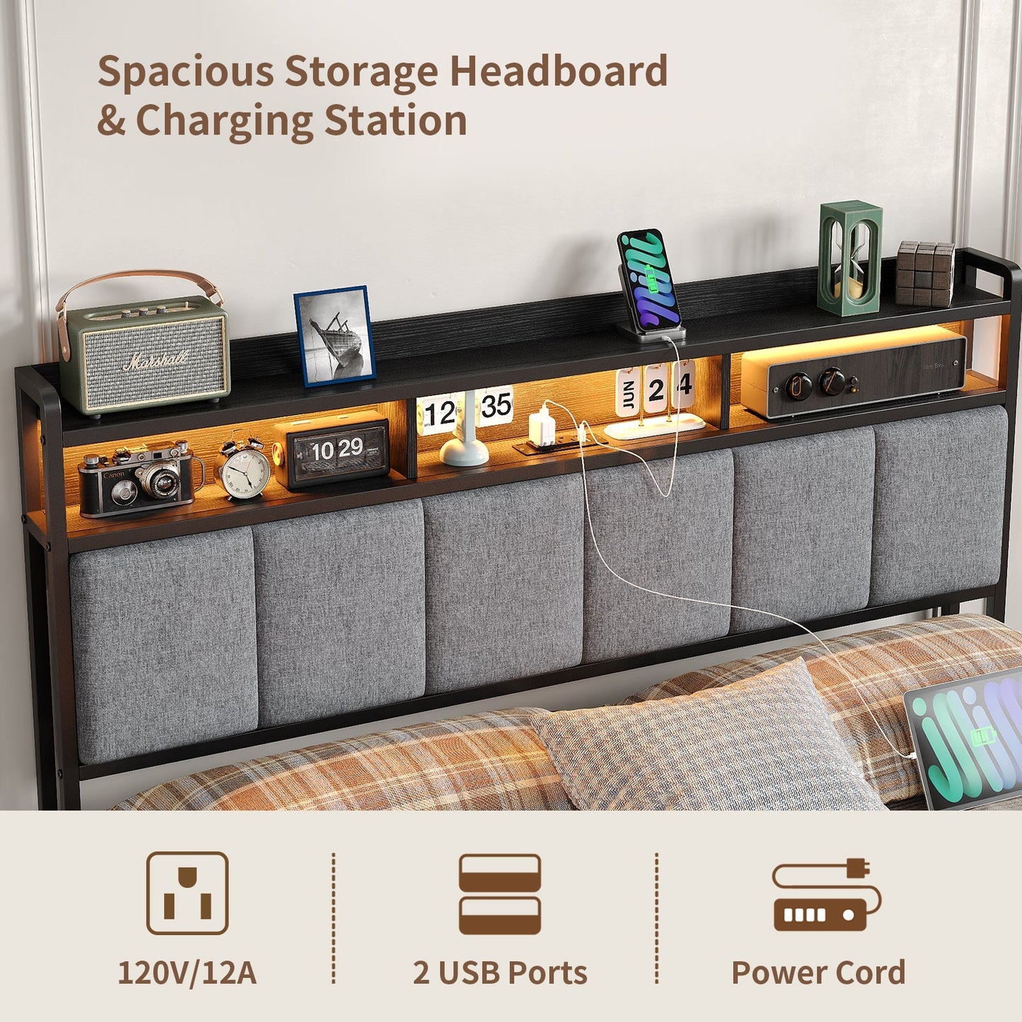 Vektaya US-BF016-BL Full/Queen Bed Frame with RGB LED Headboard, Charging Station, 2 Drawers, 2 USB & 2 AC Outlets, Easy Assembly, No Box Spring, Black