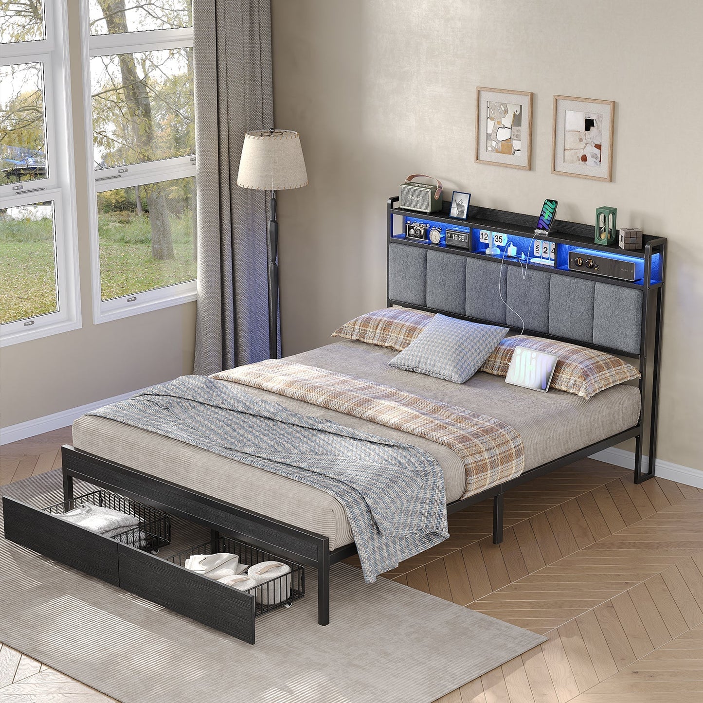 Vektaya US-BF016-BL Full/Queen Bed Frame with RGB LED Headboard, Charging Station, 2 Drawers, 2 USB & 2 AC Outlets, Easy Assembly, No Box Spring, Black
