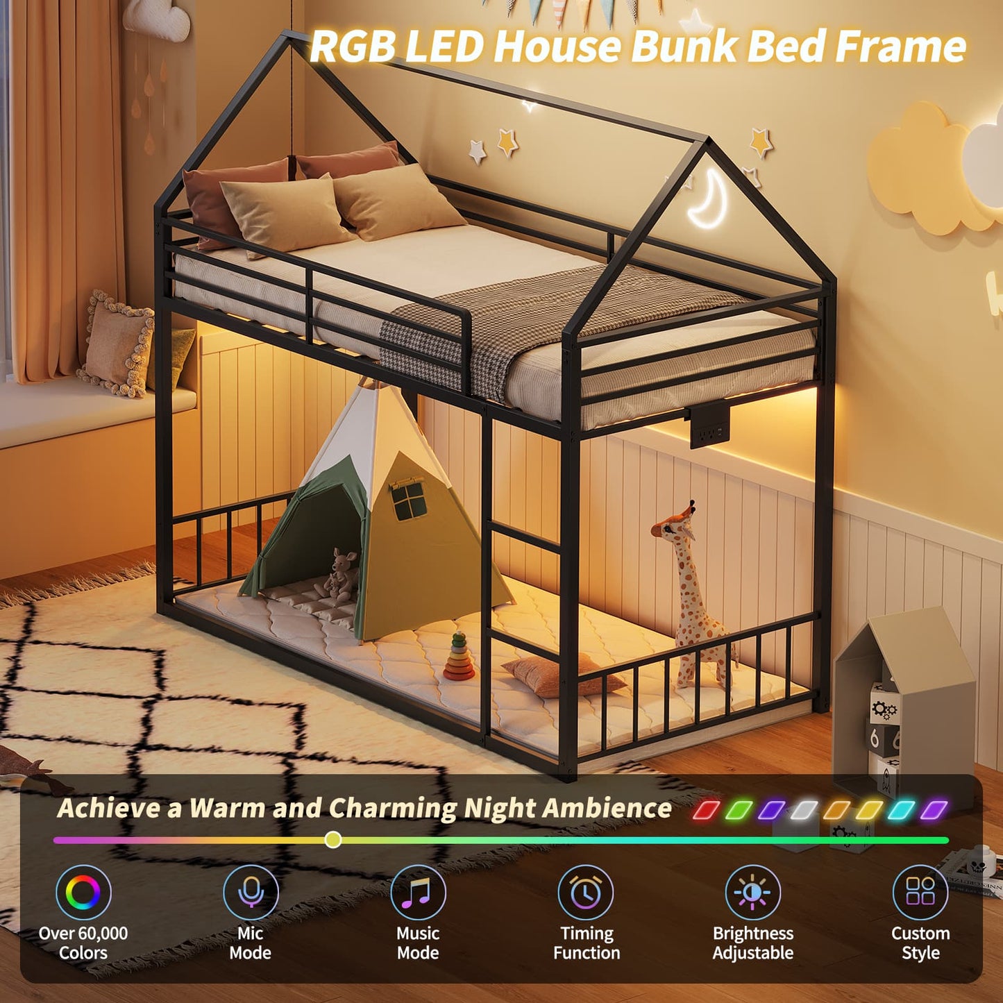Vektaya US-BF019-BK-T Twin Bunk Bed Frame with Charging Station & RGB LED, Easy Assembly, Storage Space, House Metal Frame with Ladder