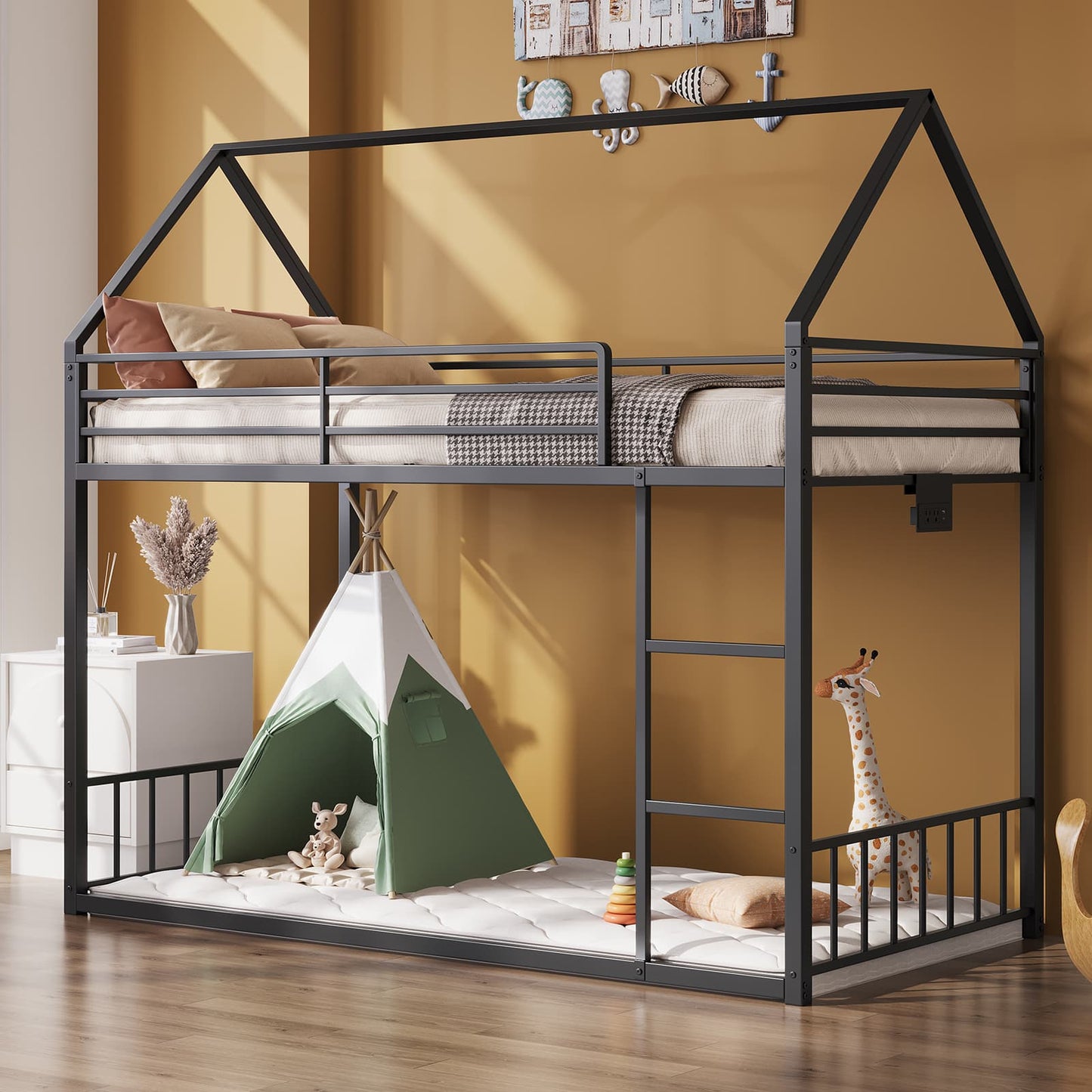 Vektaya US-BF019-BK-T Twin Bunk Bed Frame with Charging Station & RGB LED, Easy Assembly, Storage Space, House Metal Frame with Ladder