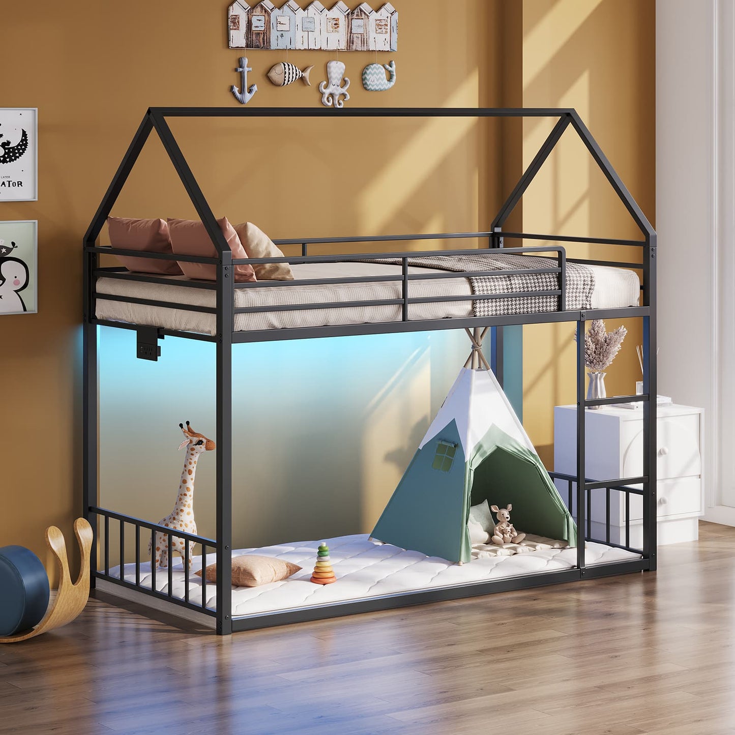 Vektaya US-BF019-BK-T Twin Bunk Bed Frame with Charging Station & RGB LED, Easy Assembly, Storage Space, House Metal Frame with Ladder