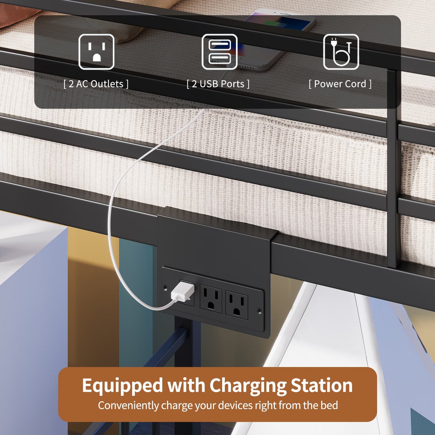 Vektaya US-BF019-BK-T Twin Bunk Bed Frame with Charging Station & RGB LED, Easy Assembly, Storage Space, House Metal Frame with Ladder