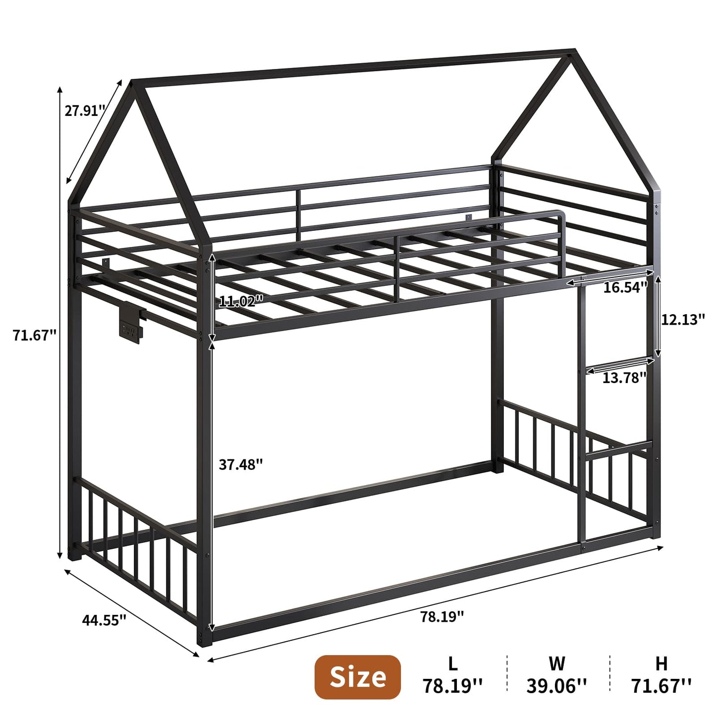 Vektaya US-BF019-BK-T Twin Bunk Bed Frame with Charging Station & RGB LED, Easy Assembly, Storage Space, House Metal Frame with Ladder
