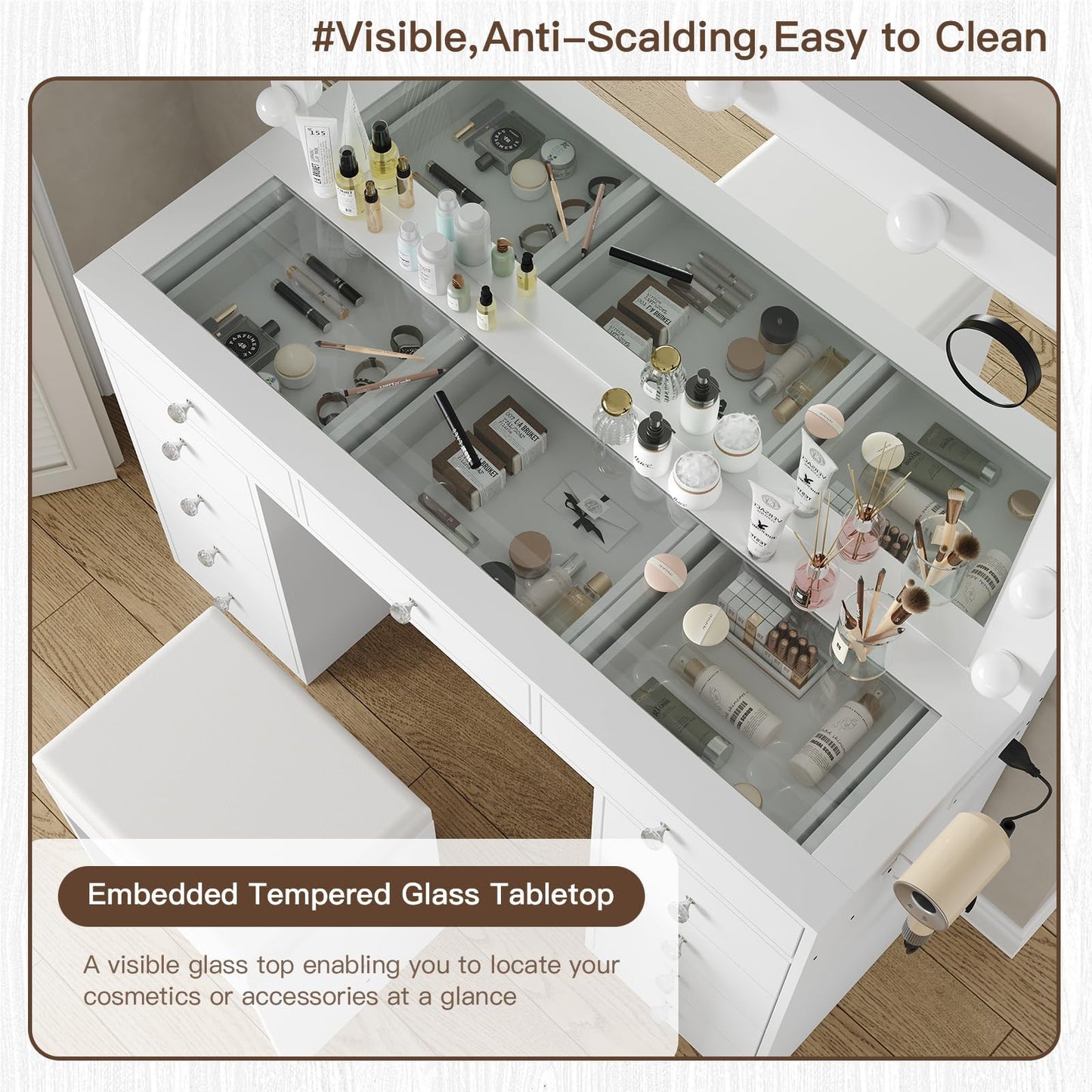 Vektaya US-VD003 Bedroom Makeup Vanity desk with LED Mirror, 11 Drawers