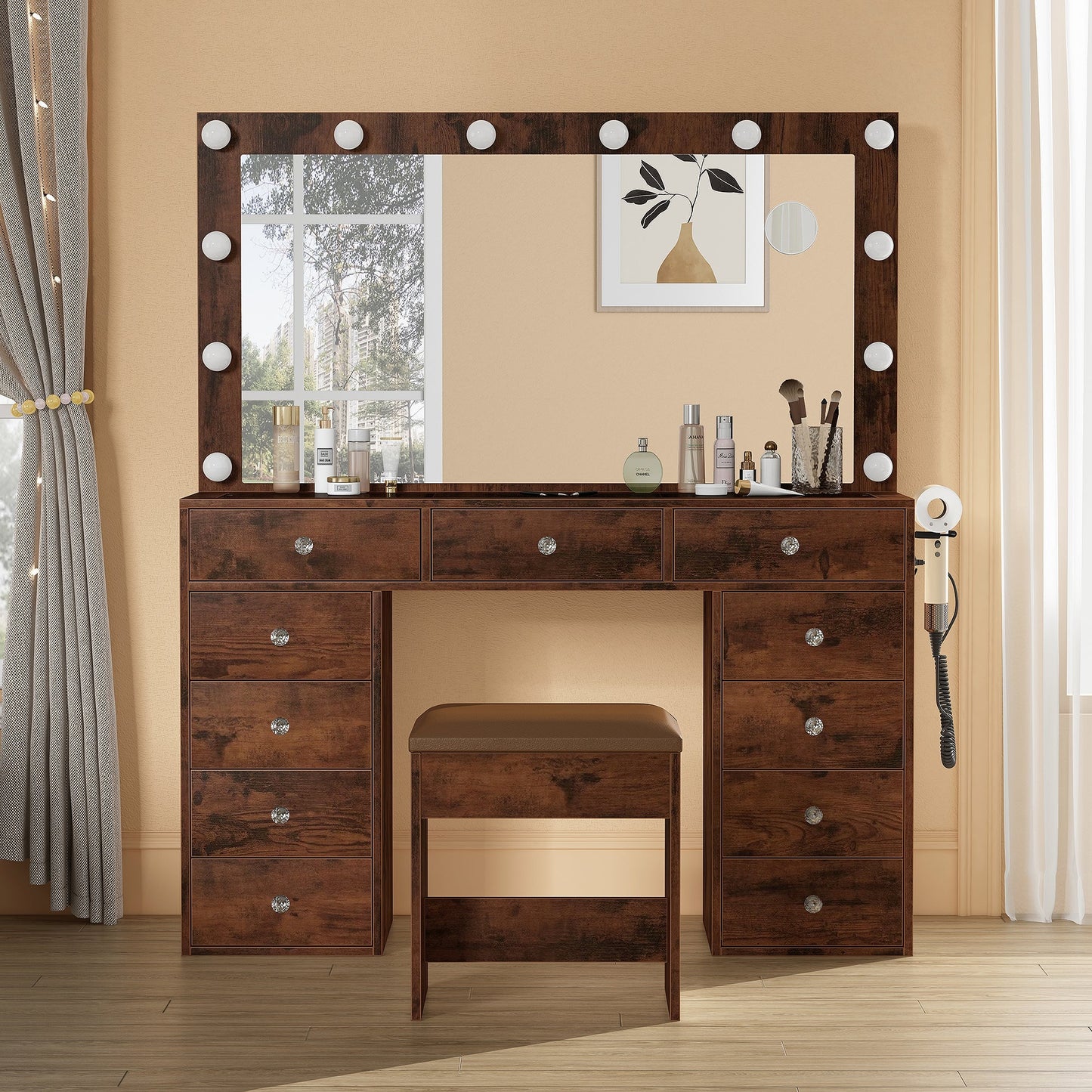 Vektaya US-VD003 Bedroom Makeup Vanity desk with LED Mirror, 11 Drawers