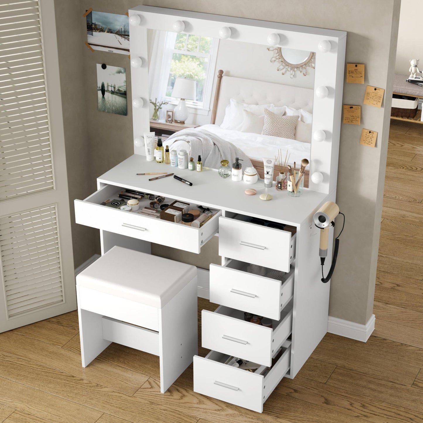 Vektaya US-VD001 Bedroom Makeup Vanity desk with LED Mirror, 5 Drawers
