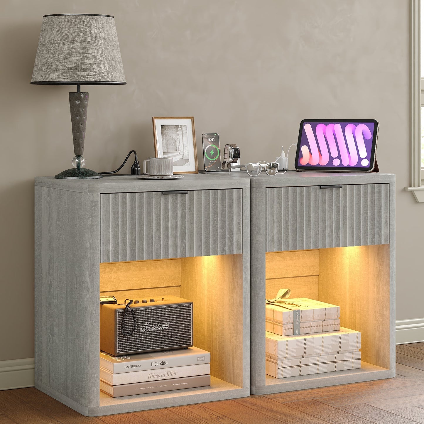 Vektaya US-NS001-NR Fluted Nightstands with LED & Charging Station, Drawer Side Tables, Oak