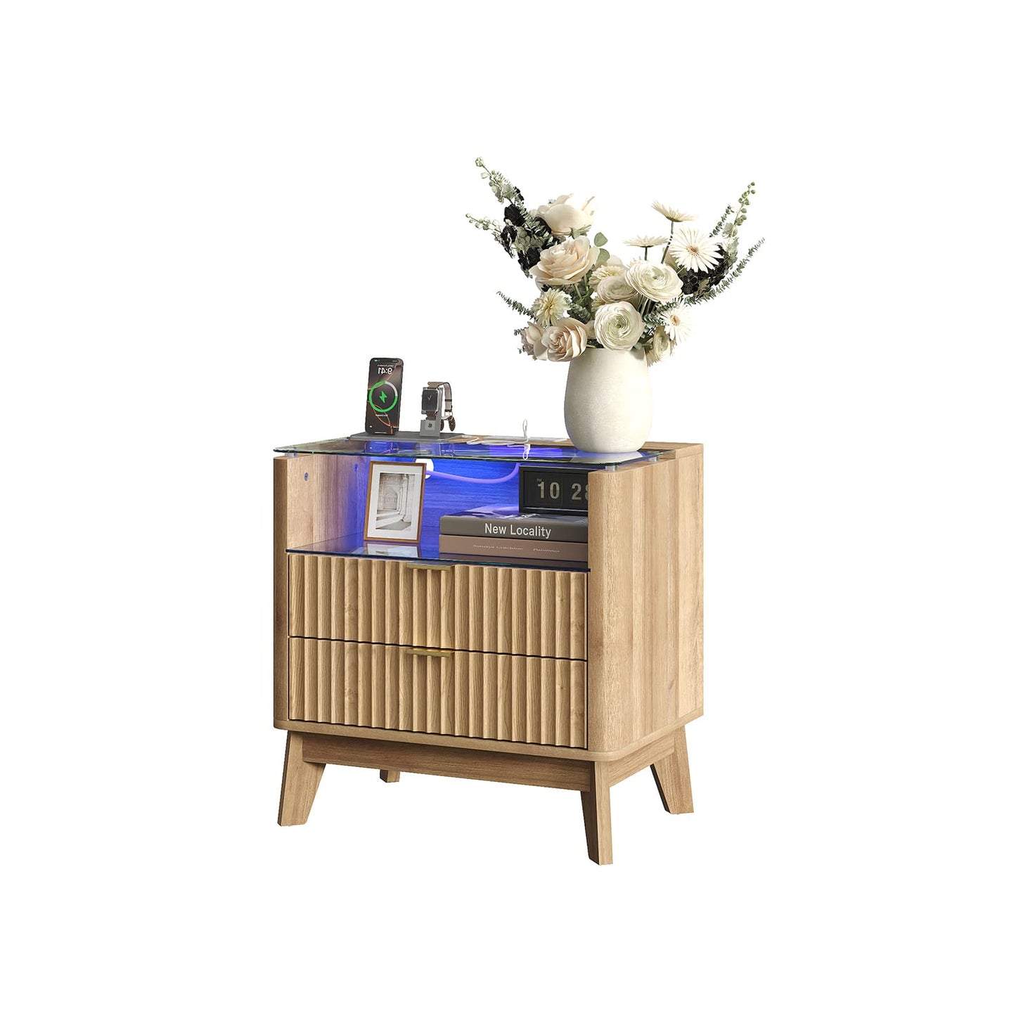 Vektaya US-NS003-NR 23" Nightstand with Charging Station, Fluted LED End Table with Drawers, Oak