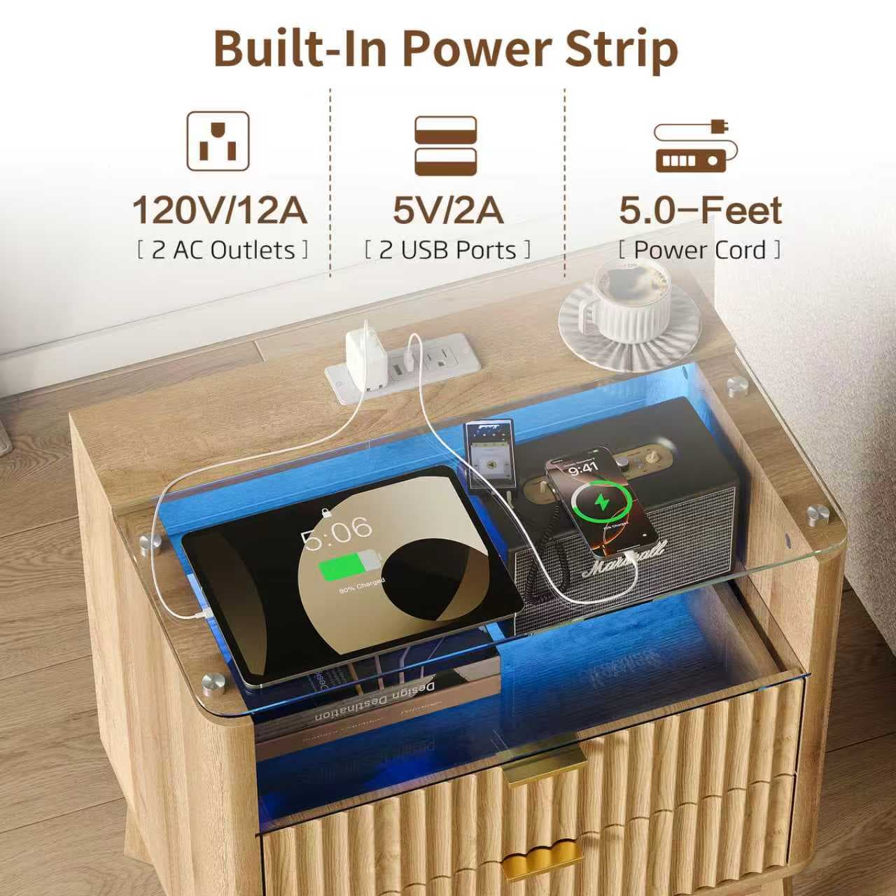 Vektaya US-NS003-NR 23" Nightstand with Charging Station, Fluted LED End Table with Drawers, Oak
