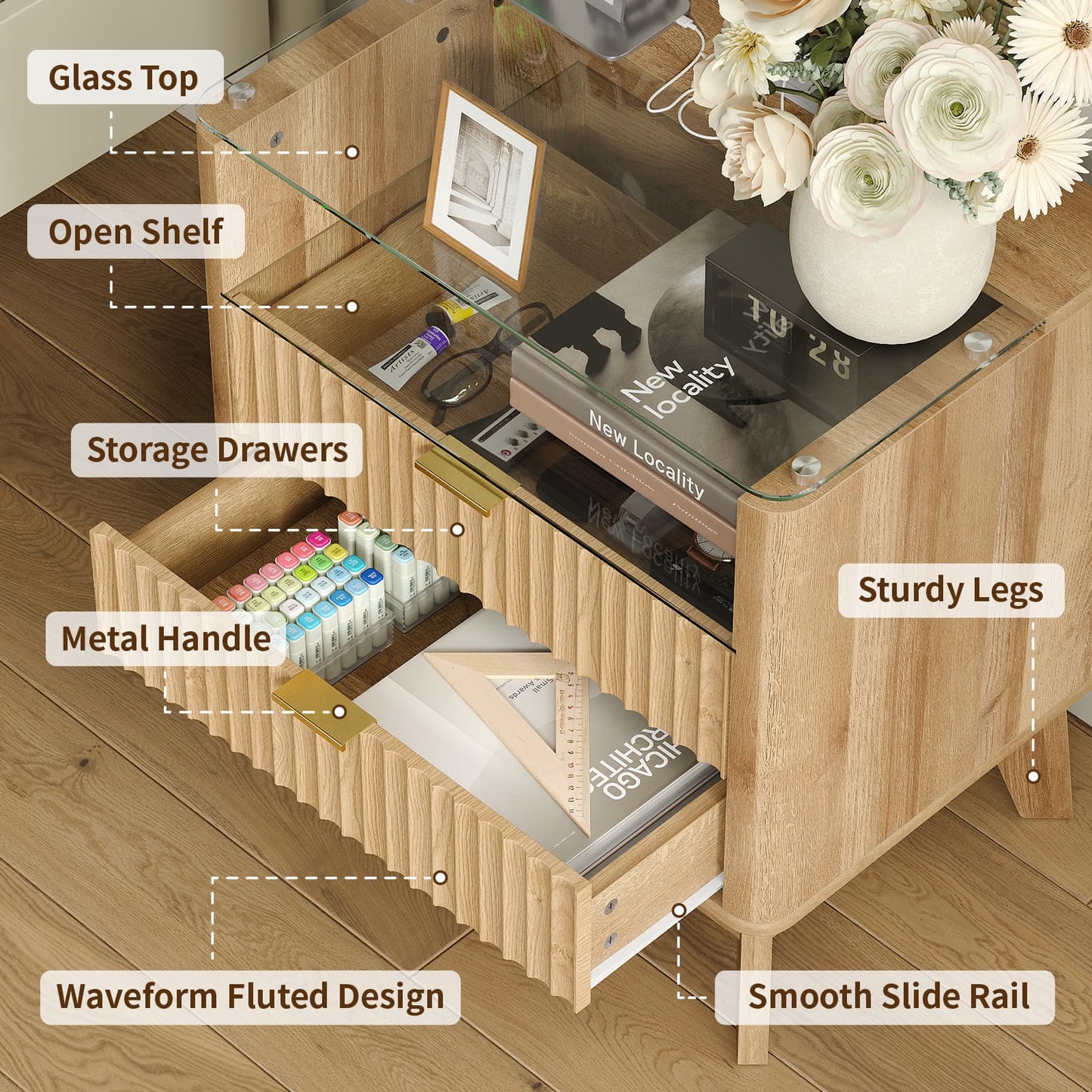 Vektaya US-NS003-NR 23" Nightstand with Charging Station, Fluted LED End Table with Drawers, Oak