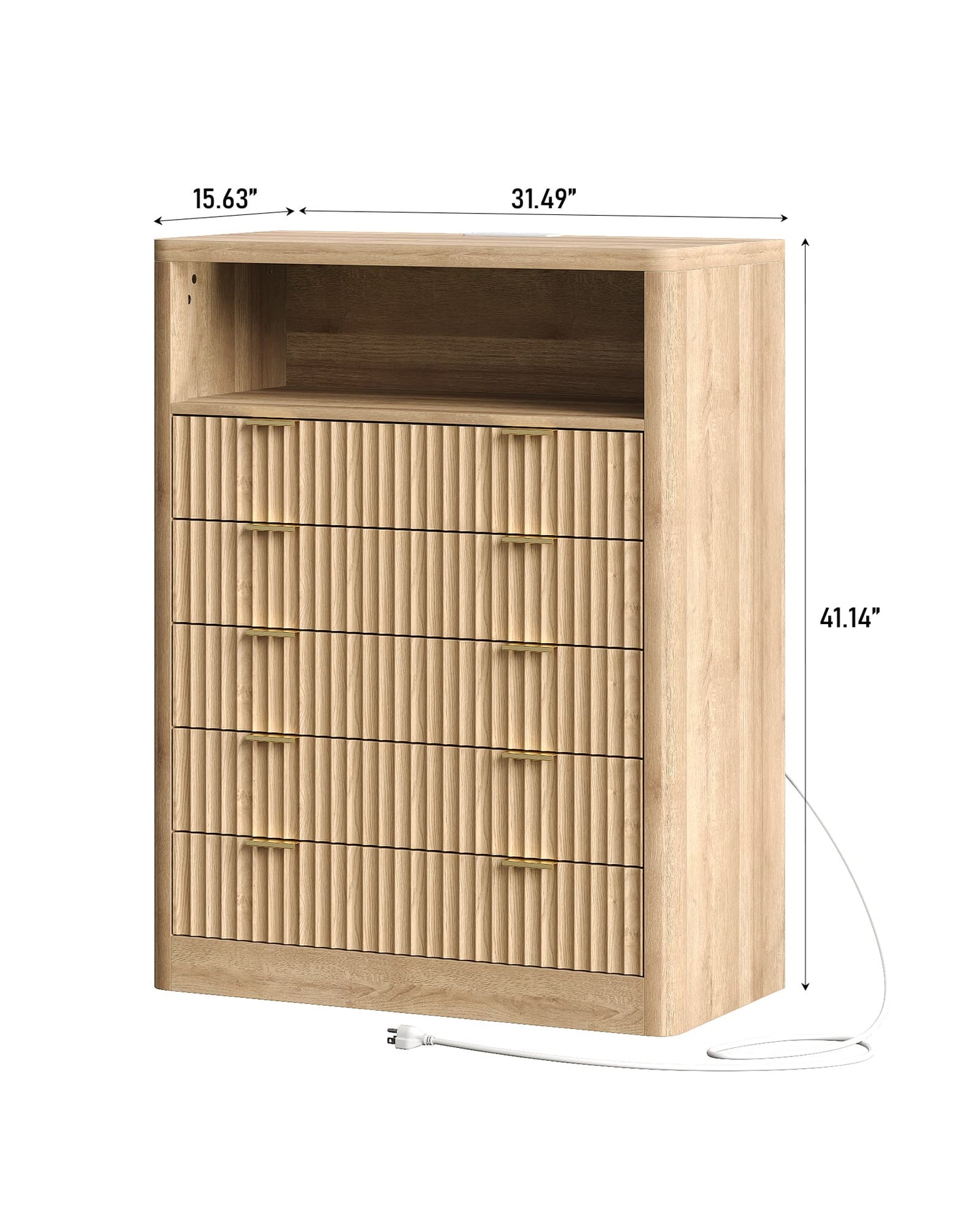 Vektaya US-NS010-NR Fluted Nightstand with LED & Charging Station, 5-Drawer Tall Organizer, Oak