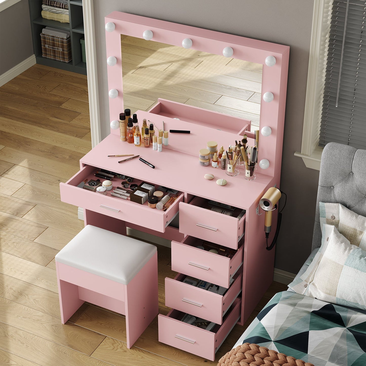Vektaya US-VD001 Bedroom Makeup Vanity desk with LED Mirror, 5 Drawers