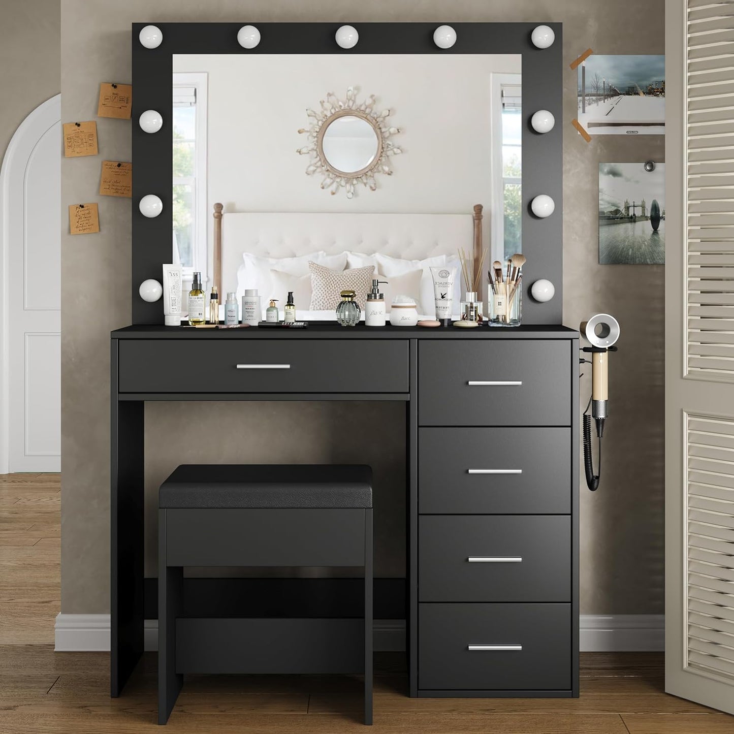Vektaya US-VD001 Bedroom Makeup Vanity desk with LED Mirror, 5 Drawers
