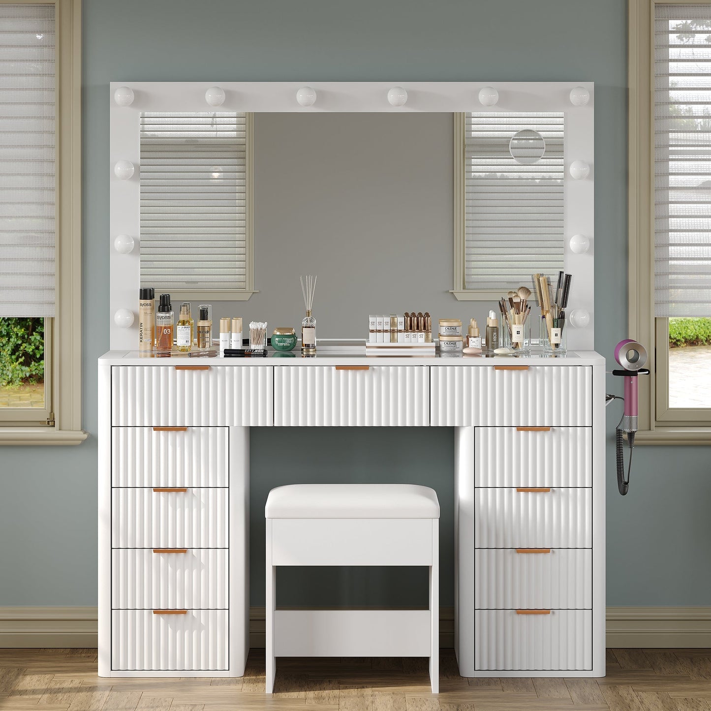 Vektaya US-VD003 Bedroom Makeup Vanity desk with LED Mirror, 11 Drawers