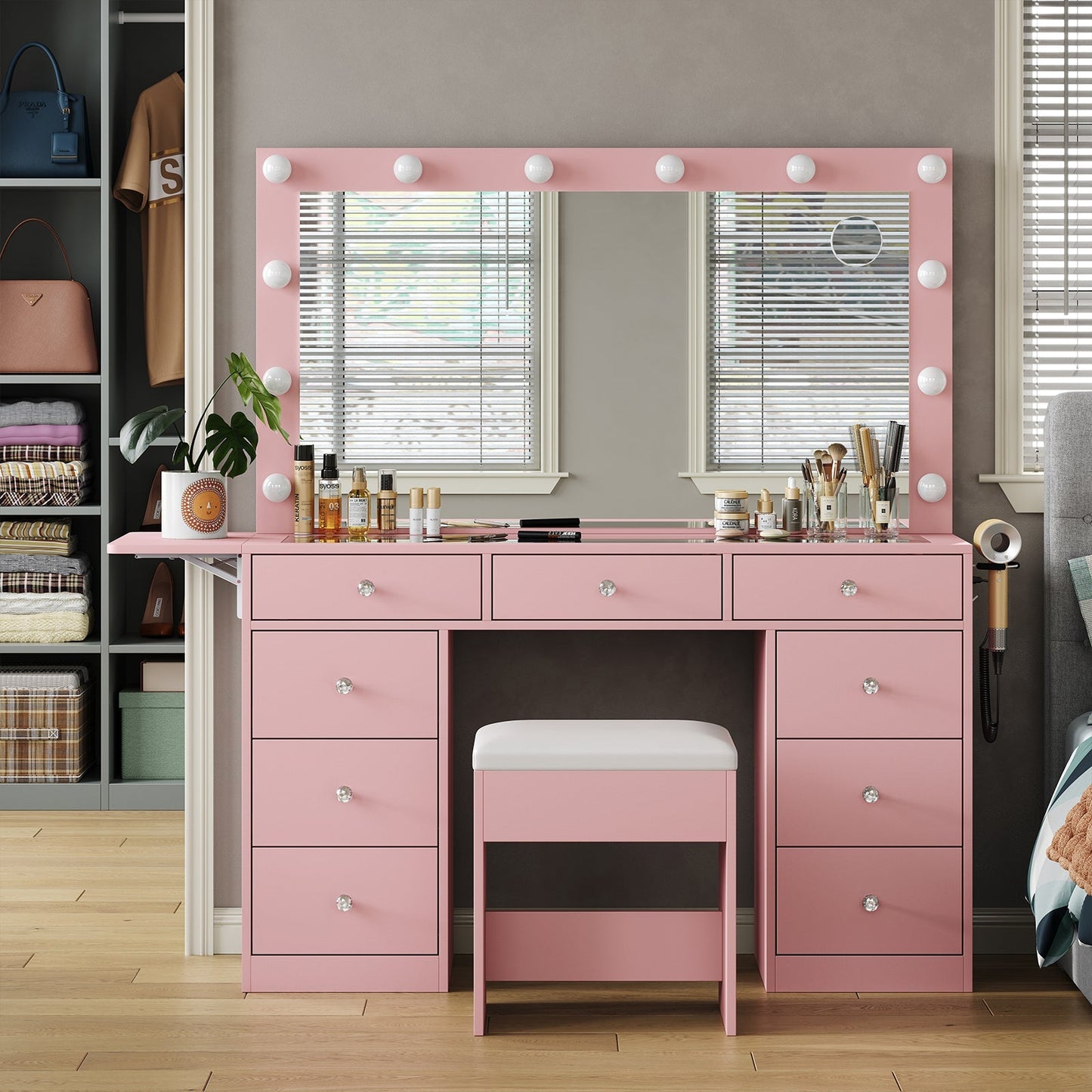Vektaya US-VD007 Bedroom Makeup Vanity desk with LED Mirror, 9 Drawers