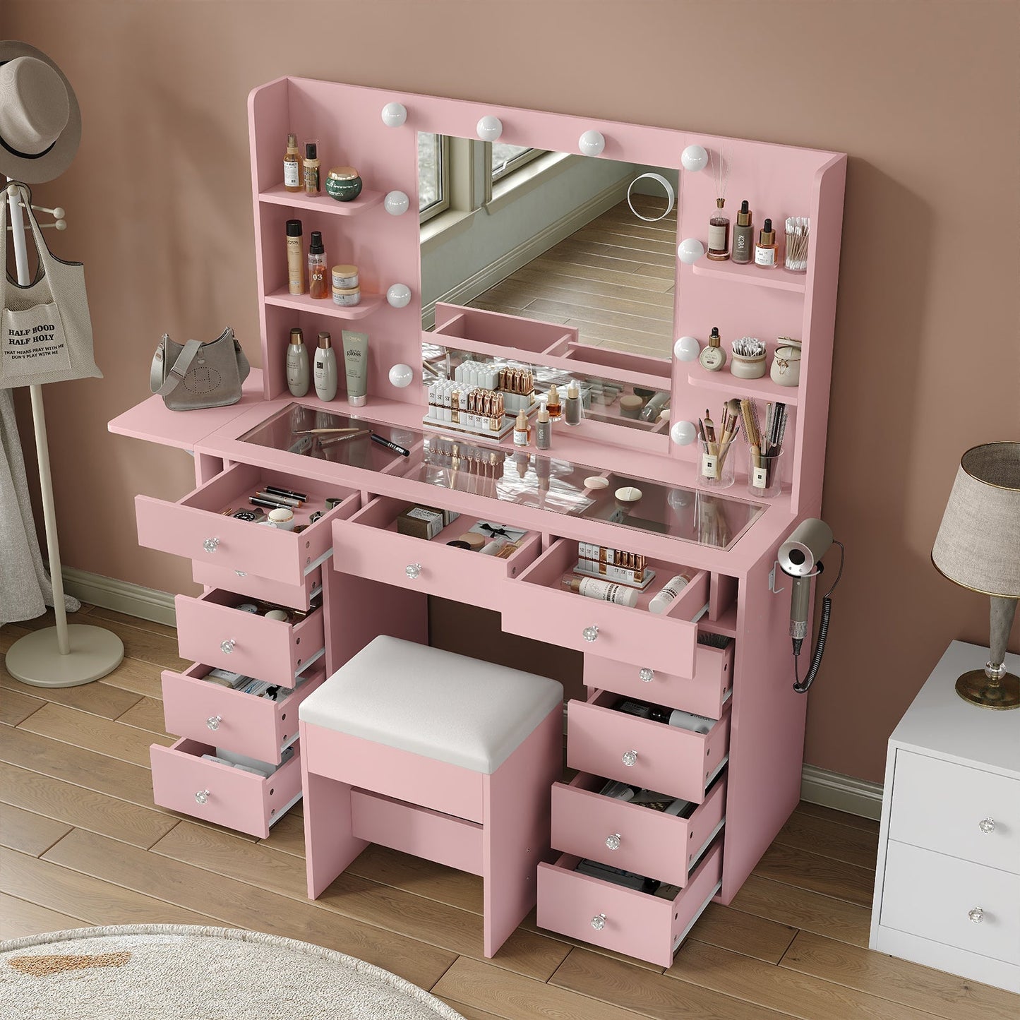 Vektaya US-VD010 Bedroom Makeup Vanity desk with LED MirrorLED Mirror, 11 Drawers