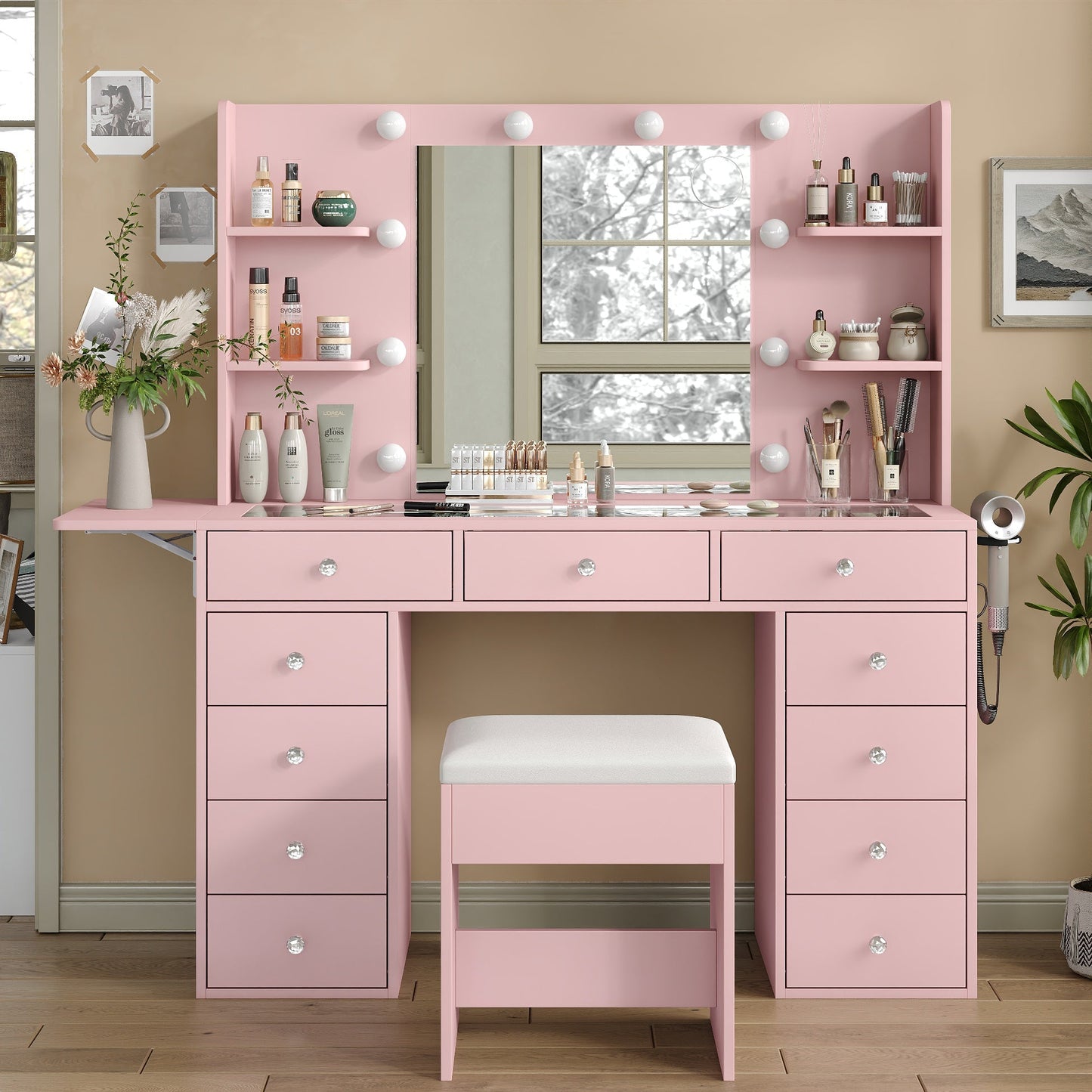 Vektaya US-VD010 Bedroom Makeup Vanity desk with LED MirrorLED Mirror, 11 Drawers